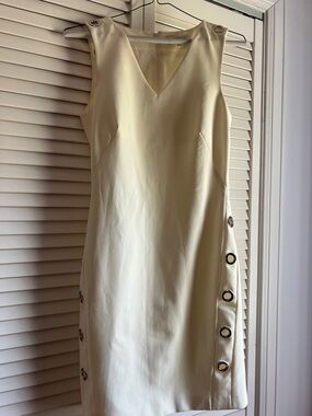 Morgan de Toi Cream V-Neck Midi Dress with Grommet Side Detail